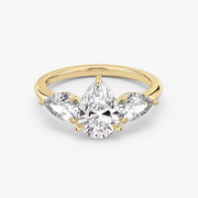 Pear Cut - Plain Band - Three Stone Ring- 0.5 Ct Side Stone each - 14 K Gold